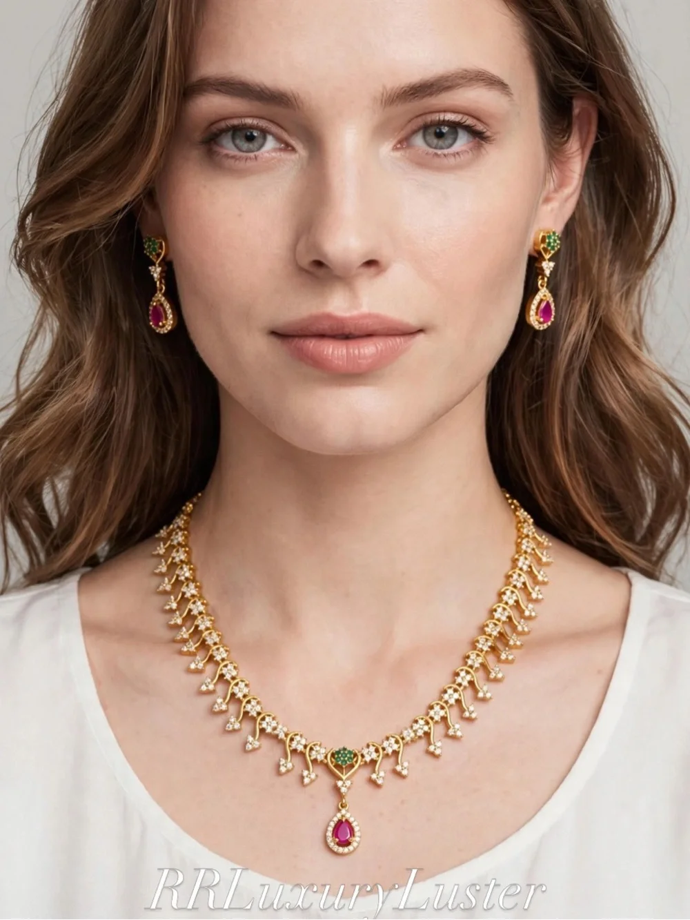 Gold-Tone Pink & Green Teardrop Necklace and Earrings Set